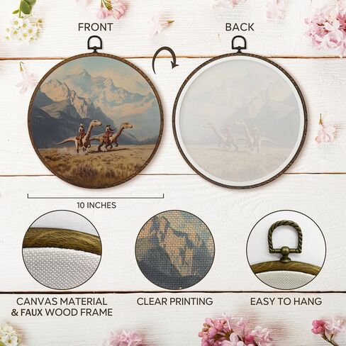 MOTERMATE Western Cowboy Dinosaur Wall Art Decor Round Framed, Whimsical Cowboy Dinosaur Mountain Canvas Wall Art Artwork Prints, Western Hanging Decor Decorations for Home Bedroom Room, 10x10 Inch in Saudi Arabia