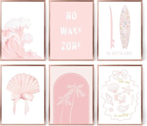 SOUHLP Pink Beach Canvas Wall Art, 8''x10'', 6Pcs | Surfer Girl Coastal Posters, No Wake Zone Quote, Boho Seashell Palm Tree, Unframed, Bathroom Nursery Girls Room Decor in Saudi Arabia