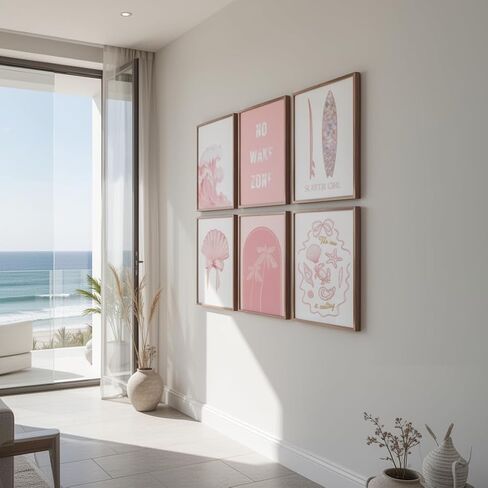 SOUHLP Pink Beach Canvas Wall Art, 8''x10'', 6Pcs | Surfer Girl Coastal Posters, No Wake Zone Quote, Boho Seashell Palm Tree, Unframed, Bathroom Nursery Girls Room Decor in Saudi Arabia