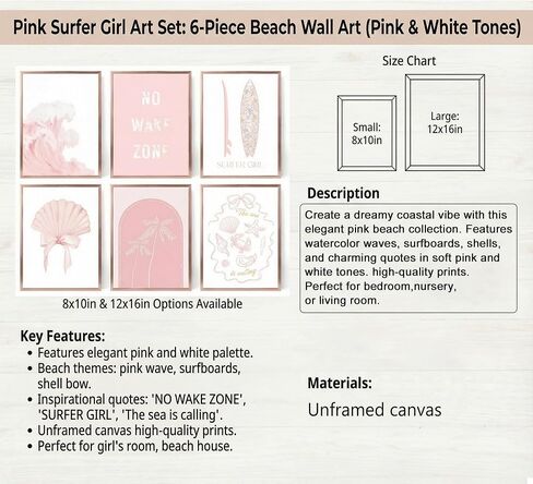 SOUHLP Pink Beach Canvas Wall Art, 8''x10'', 6Pcs | Surfer Girl Coastal Posters, No Wake Zone Quote, Boho Seashell Palm Tree, Unframed, Bathroom Nursery Girls Room Decor in Saudi Arabia