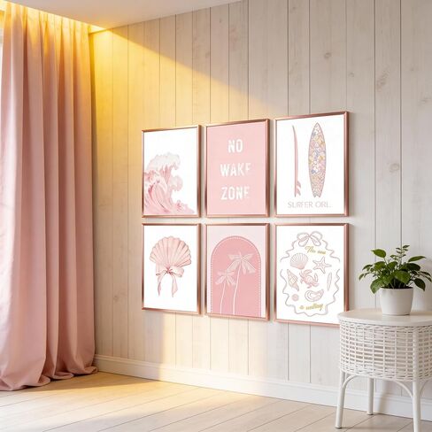 SOUHLP Pink Beach Canvas Wall Art, 8''x10'', 6Pcs | Surfer Girl Coastal Posters, No Wake Zone Quote, Boho Seashell Palm Tree, Unframed, Bathroom Nursery Girls Room Decor in Saudi Arabia