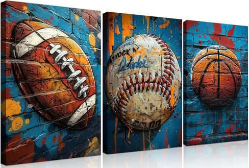 3Pcs Graffiti Sport Canvas Wall Art Trendy Cool Pop Wall Decor Colorful American Football Baseball Basketball Posters Pictures Inspirational Painting Inspirational Boy Room Prints Framed in Saudi Arabia