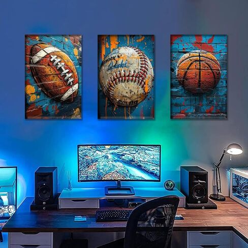 3Pcs Graffiti Sport Canvas Wall Art Trendy Cool Pop Wall Decor Colorful American Football Baseball Basketball Posters Pictures Inspirational Painting Inspirational Boy Room Prints Framed in Saudi Arabia