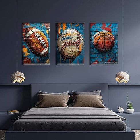 3Pcs Graffiti Sport Canvas Wall Art Trendy Cool Pop Wall Decor Colorful American Football Baseball Basketball Posters Pictures Inspirational Painting Inspirational Boy Room Prints Framed in Saudi Arabia