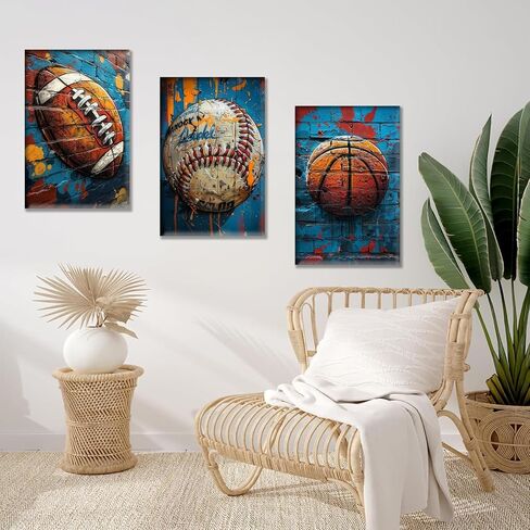 3Pcs Graffiti Sport Canvas Wall Art Trendy Cool Pop Wall Decor Colorful American Football Baseball Basketball Posters Pictures Inspirational Painting Inspirational Boy Room Prints Framed in Saudi Arabia
