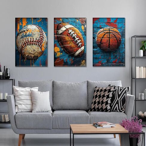 3Pcs Graffiti Sport Canvas Wall Art Trendy Cool Pop Wall Decor Colorful American Football Baseball Basketball Posters Pictures Inspirational Painting Inspirational Boy Room Prints Framed in Saudi Arabia
