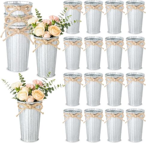 20 Pack Farmhouse Metal Flower Vase Decor, Galvanized Small Floral Vase with Twine Bow Rustic Flower Buckets for Centerpieces Floral Display Table Home Wedding Festival DIY Decorations in Saudi Arabia