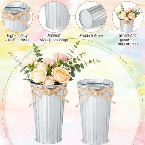 20 Pack Farmhouse Metal Flower Vase Decor, Galvanized Small Floral Vase with Twine Bow Rustic Flower Buckets for Centerpieces Floral Display Table Home Wedding Festival DIY Decorations in Saudi Arabia