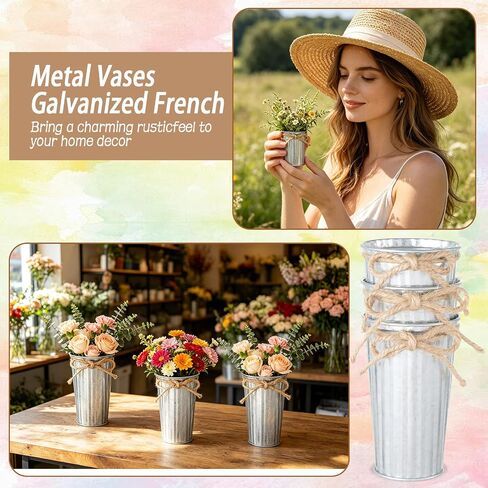 20 Pack Farmhouse Metal Flower Vase Decor, Galvanized Small Floral Vase with Twine Bow Rustic Flower Buckets for Centerpieces Floral Display Table Home Wedding Festival DIY Decorations in Saudi Arabia