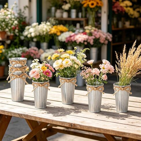 20 Pack Farmhouse Metal Flower Vase Decor, Galvanized Small Floral Vase with Twine Bow Rustic Flower Buckets for Centerpieces Floral Display Table Home Wedding Festival DIY Decorations in Saudi Arabia