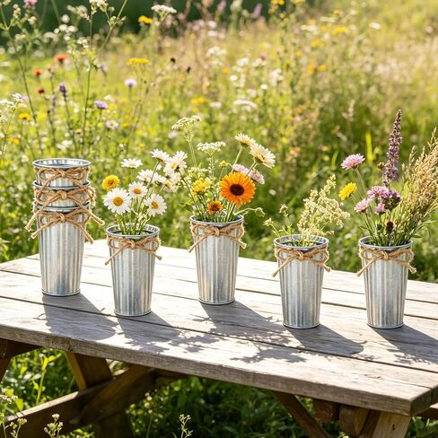 20 Pack Farmhouse Metal Flower Vase Decor, Galvanized Small Floral Vase with Twine Bow Rustic Flower Buckets for Centerpieces Floral Display Table Home Wedding Festival DIY Decorations in Saudi Arabia