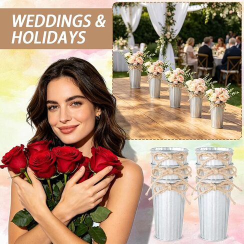 20 Pack Farmhouse Metal Flower Vase Decor, Galvanized Small Floral Vase with Twine Bow Rustic Flower Buckets for Centerpieces Floral Display Table Home Wedding Festival DIY Decorations in Saudi Arabia