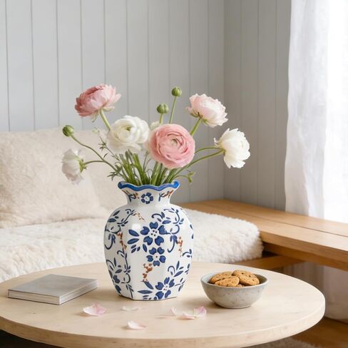 Blue and White Ceramic Vase for Flowers, 6 Inch Shabby Chic Chinoiserie Decorative Vase, Vintage Bud Vase for Farmhouse Home Decor, Rustic Octagonal Floral Jar for Shelf Tabletop Centerpiece in Saudi Arabia