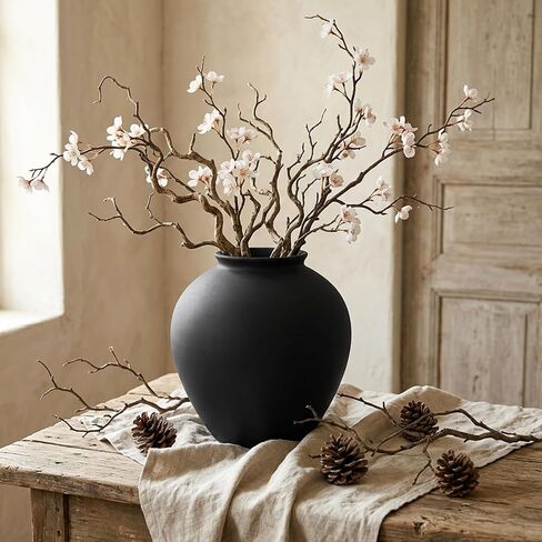Matte Black Ceramic Vase 8.6 Inch, Round Terracotta Style Decorative Vase, Rustic Hand-Finished Sand Texture Flower Vase for Modern Farmhosue Home Decor Living Room Table Centerpiece Shelf in Saudi Arabia