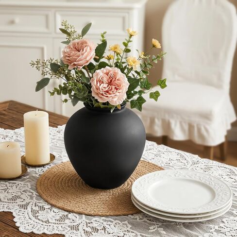 Matte Black Ceramic Vase 8.6 Inch, Round Terracotta Style Decorative Vase, Rustic Hand-Finished Sand Texture Flower Vase for Modern Farmhosue Home Decor Living Room Table Centerpiece Shelf in Saudi Arabia