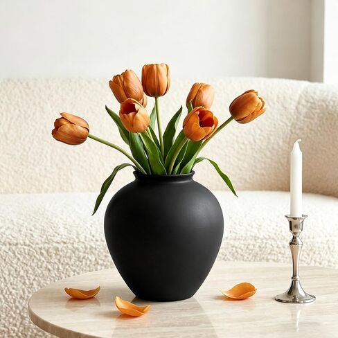 Matte Black Ceramic Vase 8.6 Inch, Round Terracotta Style Decorative Vase, Rustic Hand-Finished Sand Texture Flower Vase for Modern Farmhosue Home Decor Living Room Table Centerpiece Shelf in Saudi Arabia