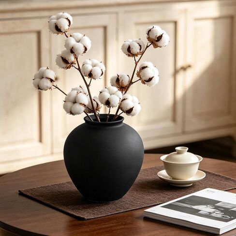 Matte Black Ceramic Vase 8.6 Inch, Round Terracotta Style Decorative Vase, Rustic Hand-Finished Sand Texture Flower Vase for Modern Farmhosue Home Decor Living Room Table Centerpiece Shelf in Saudi Arabia