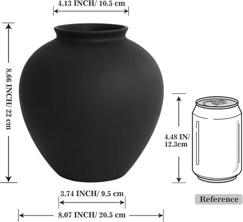 Matte Black Ceramic Vase 8.6 Inch, Round Terracotta Style Decorative Vase, Rustic Hand-Finished Sand Texture Flower Vase for Modern Farmhosue Home Decor Living Room Table Centerpiece Shelf in Saudi Arabia