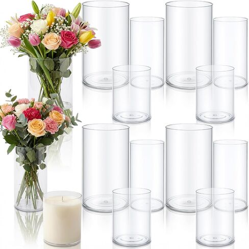 12 Pcs Plastic Cylinder Vases, 4" / 6'' / 8'' Tall Clear Flower Vase Set for for Wedding Decorations, Hurricane Floating Candle, Holder for Table Centerpiece Wedding Home Decorations in Saudi Arabia