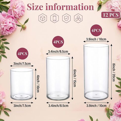 12 Pcs Plastic Cylinder Vases, 4" / 6'' / 8'' Tall Clear Flower Vase Set for for Wedding Decorations, Hurricane Floating Candle, Holder for Table Centerpiece Wedding Home Decorations in Saudi Arabia