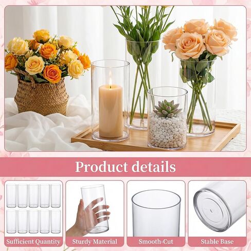 12 Pcs Plastic Cylinder Vases, 4" / 6'' / 8'' Tall Clear Flower Vase Set for for Wedding Decorations, Hurricane Floating Candle, Holder for Table Centerpiece Wedding Home Decorations in Saudi Arabia