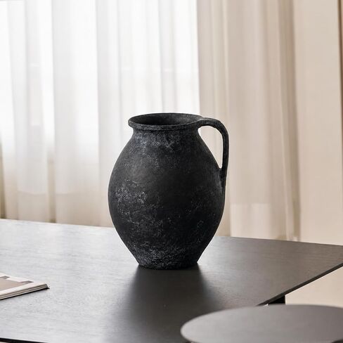 LB2 Black Ceramic Large Vase, 11.2" Tall Zen Style Vase, Terra Cotta Pitcher, Distressed Farmhouse Decor, Pottery Decorative Flower for Home Decor (D - Black 11.2") in Saudi Arabia