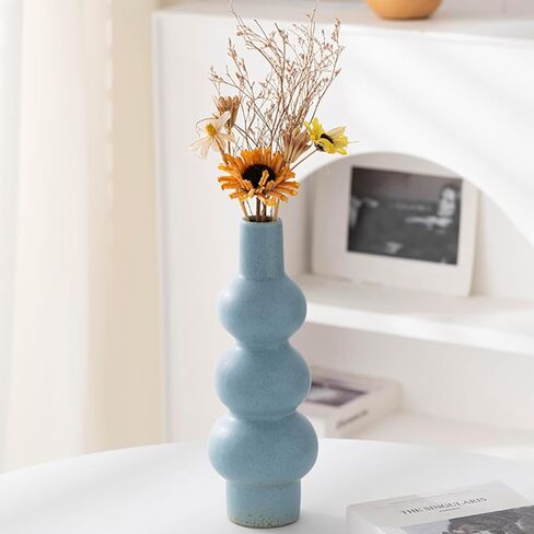 11" Matte Blue Ceramic Vase, Textured Bubble Stacked Ball Flower Vase for Modern Nordic Home Decor, Geometric Porcelain Vases for Bookshelf, Coffee Table, Mantel, Boho Aesthetic Gift in Saudi Arabia