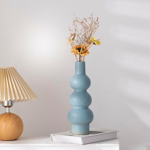11" Matte Blue Ceramic Vase, Textured Bubble Stacked Ball Flower Vase for Modern Nordic Home Decor, Geometric Porcelain Vases for Bookshelf, Coffee Table, Mantel, Boho Aesthetic Gift in Saudi Arabia
