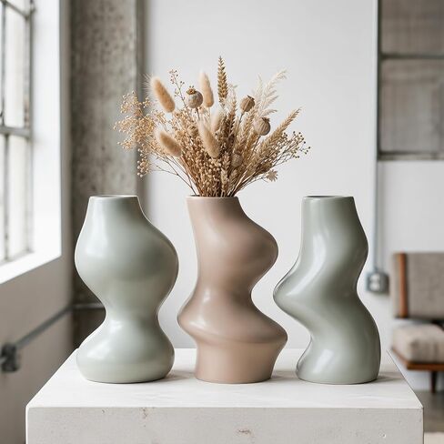 BosilunLife Decorative Vase Set of 3, Nested Curved Recycled Ceramic, Speckled Wabi-Sabi Home Decor, Modern Boho Centerpiece for Living Room Mantel & Office (Black & Grey) in Kuwait
