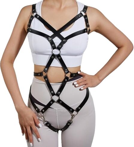 Women Punk Gothic Full-Body Harness – Adjustable Faux Leather Strappy Chest, Waist & Leg Belt with Metal Rings Sexy Festival, Rave, Clubwear, Cosplay Halloween, Mardi Gras Carnival Valentine's Gift in Saudi Arabia