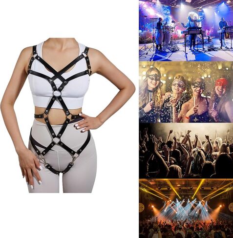 Women Punk Gothic Full-Body Harness – Adjustable Faux Leather Strappy Chest, Waist & Leg Belt with Metal Rings Sexy Festival, Rave, Clubwear, Cosplay Halloween, Mardi Gras Carnival Valentine's Gift in Saudi Arabia