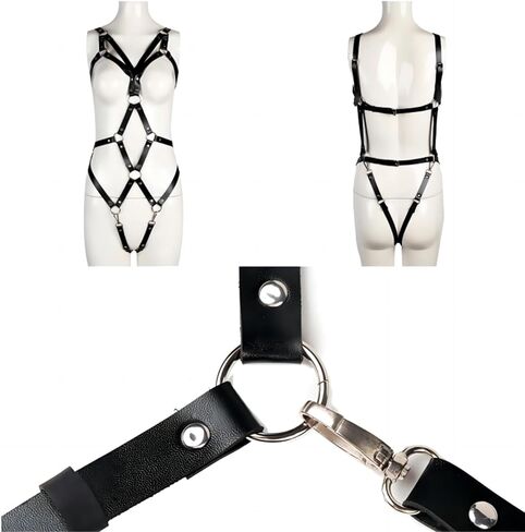 Women Punk Gothic Full-Body Harness – Adjustable Faux Leather Strappy Chest, Waist & Leg Belt with Metal Rings Sexy Festival, Rave, Clubwear, Cosplay Halloween, Mardi Gras Carnival Valentine's Gift in Saudi Arabia