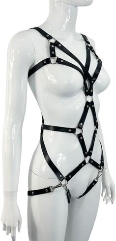 Women Punk Gothic Full-Body Harness – Adjustable Faux Leather Strappy Chest, Waist & Leg Belt with Metal Rings Sexy Festival, Rave, Clubwear, Cosplay Halloween, Mardi Gras Carnival Valentine's Gift in Saudi Arabia