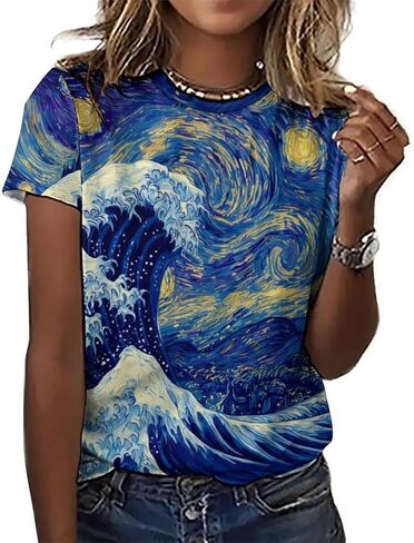 joo meryer Women's Starry Night T-Shirts Oversized Loose Fit Short Sleeve Casual Art Painting Tees in Saudi Arabia