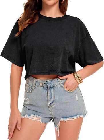 ADOREJOY Crop Tops for Women Summer Short Sleeve Tshirts Crew Neck Acid Wash Tees in Saudi Arabia