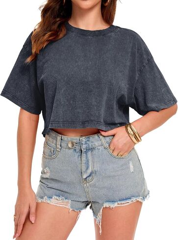 ADOREJOY Crop Tops for Women Summer Short Sleeve Tshirts Crew Neck Acid Wash Tees in Saudi Arabia