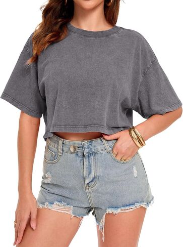 ADOREJOY Crop Tops for Women Summer Short Sleeve Tshirts Crew Neck Acid Wash Tees in Saudi Arabia