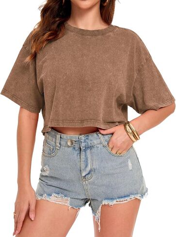 ADOREJOY Crop Tops for Women Summer Short Sleeve Tshirts Crew Neck Acid Wash Tees in Saudi Arabia