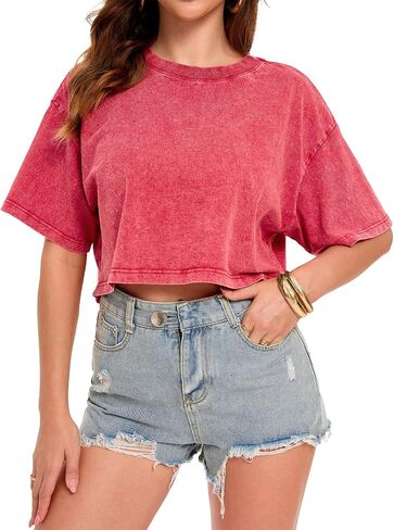 ADOREJOY Crop Tops for Women Summer Short Sleeve Tshirts Crew Neck Acid Wash Tees in Saudi Arabia