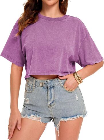 ADOREJOY Crop Tops for Women Summer Short Sleeve Tshirts Crew Neck Acid Wash Tees in Saudi Arabia