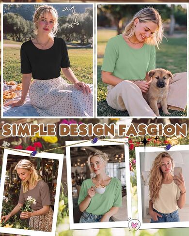Neer 4 Pack Women’s Half Sleeve T-Shirts Elbow Length Tops Women Scoop Neck Loose Basic Tee Summer Casual Blouses in Kuwait