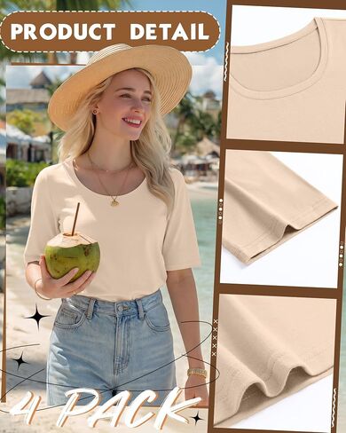 Neer 4 Pack Women’s Half Sleeve T-Shirts Elbow Length Tops Women Scoop Neck Loose Basic Tee Summer Casual Blouses in Kuwait