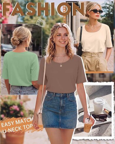 Neer 4 Pack Women’s Half Sleeve T-Shirts Elbow Length Tops Women Scoop Neck Loose Basic Tee Summer Casual Blouses in Kuwait