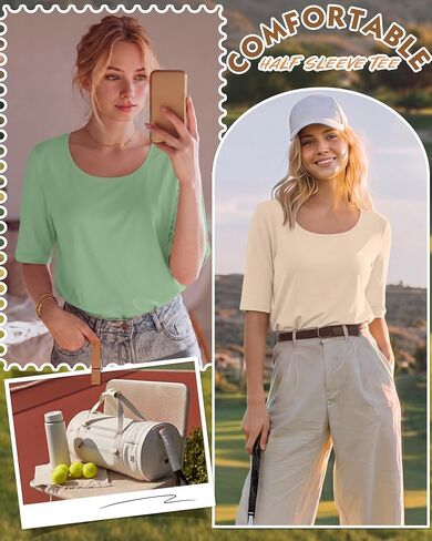 Neer 4 Pack Women’s Half Sleeve T-Shirts Elbow Length Tops Women Scoop Neck Loose Basic Tee Summer Casual Blouses in Kuwait