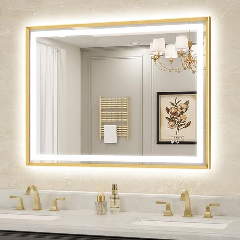 LED Bathroom Mirror 40"x30" Inch Brushed Gold Metal Frame Lighted Bathroom Vanity Mirror with Lights, Brighter Frontlit and Backlit Light up Anti Fog Mirror, 3-Color Dimmable, Memory Function in Saudi Arabia