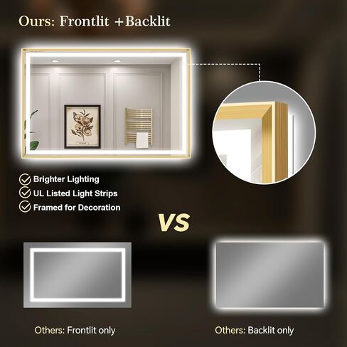 LED Bathroom Mirror 40"x30" Inch Brushed Gold Metal Frame Lighted Bathroom Vanity Mirror with Lights, Brighter Frontlit and Backlit Light up Anti Fog Mirror, 3-Color Dimmable, Memory Function in Saudi Arabia