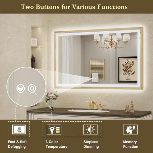 LED Bathroom Mirror 40"x30" Inch Brushed Gold Metal Frame Lighted Bathroom Vanity Mirror with Lights, Brighter Frontlit and Backlit Light up Anti Fog Mirror, 3-Color Dimmable, Memory Function in Saudi Arabia