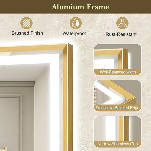 LED Bathroom Mirror 40"x30" Inch Brushed Gold Metal Frame Lighted Bathroom Vanity Mirror with Lights, Brighter Frontlit and Backlit Light up Anti Fog Mirror, 3-Color Dimmable, Memory Function in Saudi Arabia