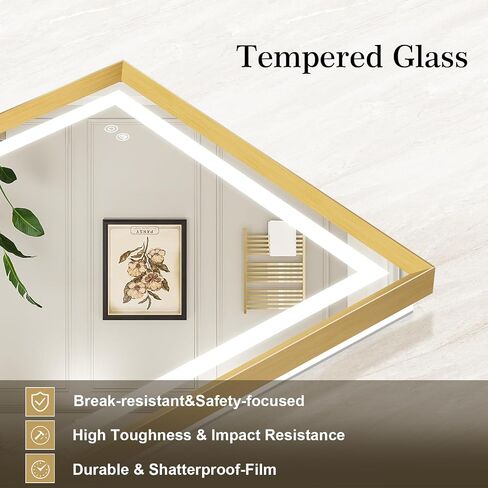 LED Bathroom Mirror 40"x30" Inch Brushed Gold Metal Frame Lighted Bathroom Vanity Mirror with Lights, Brighter Frontlit and Backlit Light up Anti Fog Mirror, 3-Color Dimmable, Memory Function in Saudi Arabia