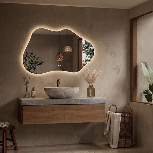 Keonjinn 48 x 30 In Irregular Backlit Bathroom Mirror with Lights, Asymmetrical Cloud LED Bathroom Mirror with Tempered Glass, 3 Color Lights, Dimmable, Anti-Fog, Memory Function (Horizontal/Vertical) in Saudi Arabia
